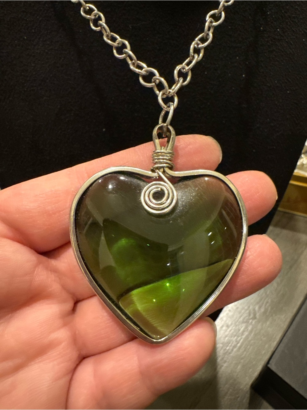 Large Green Heart Pendant Necklace Silver Tone Wire Wrapped Statement Jewelry